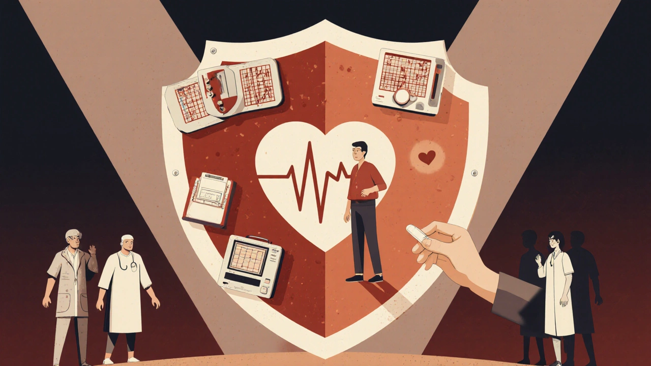 A patient protected by a heartbeat-shaped shield of medical checks, keeping heart risks at bay.