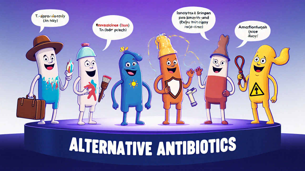 Animated antibiotic characters each showing their unique traits side by side.