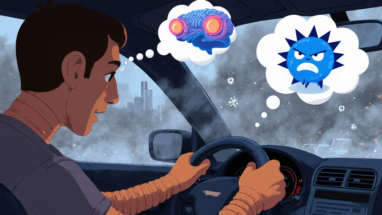 Animated driver’s thoughts turn into angry brake‑light monsters amid gray smog.