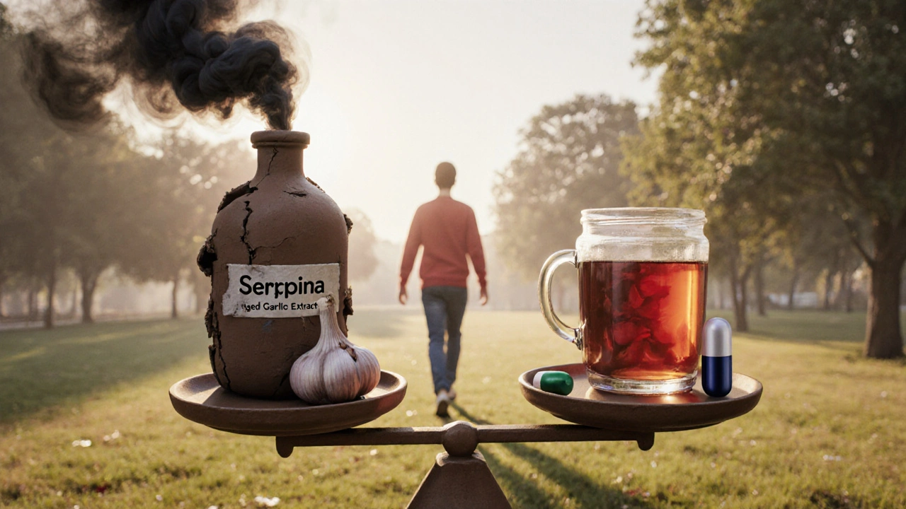 Balanced scale with dangerous Serpina bottle versus safe herbs and supplements in clay style.
