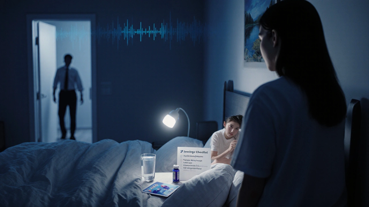 Bedroom at night with melatonin bottle, soft lighting, and caregiver watching the patient rest.