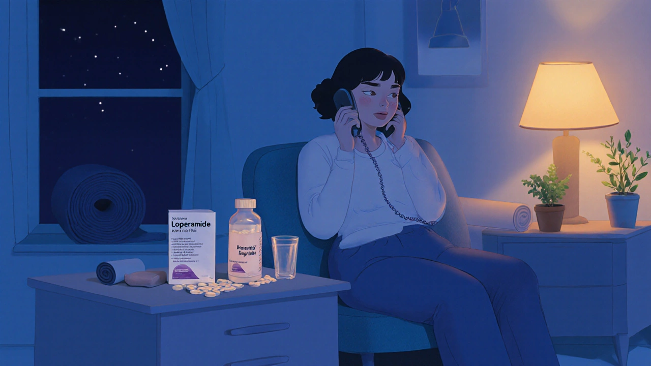 Bedroom scene with patient on phone, medication bottles, and yoga mat, showing calming care.