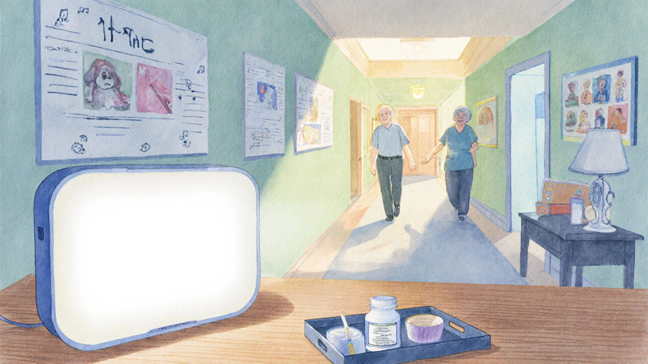 Bright light box and caregiver lead a calm walk with picture cues in a sunny hallway.