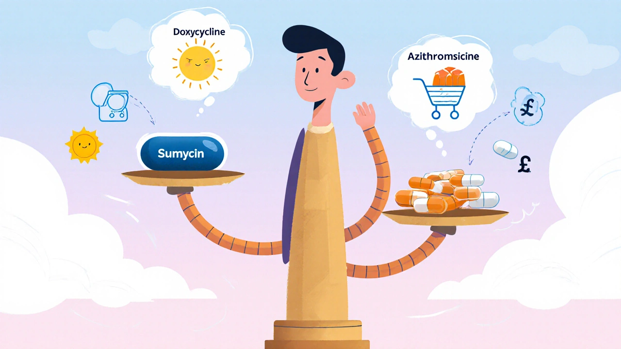 Cartoon figure weighing Sumycin against other antibiotics with icons for sun, pregnancy, and cost.