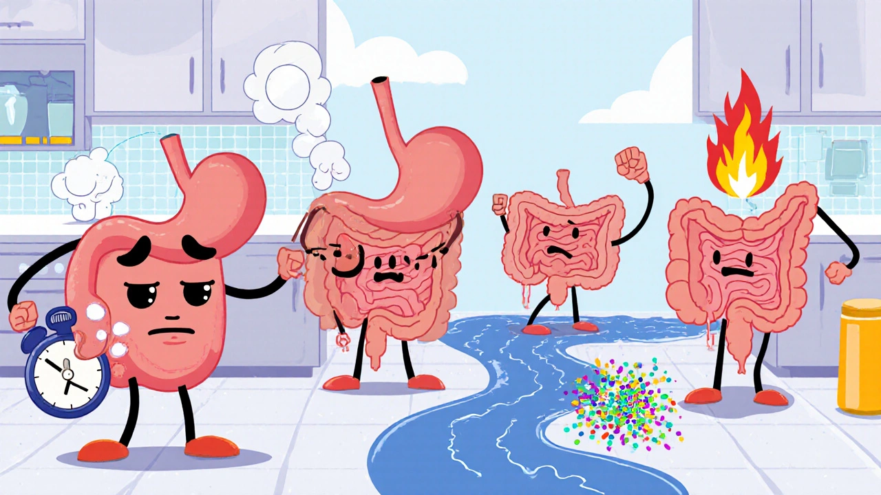 Cartoon organs illustrate gastroparesis, GERD, constipation, diarrhea, and SIBO in a lively kitchen scene.
