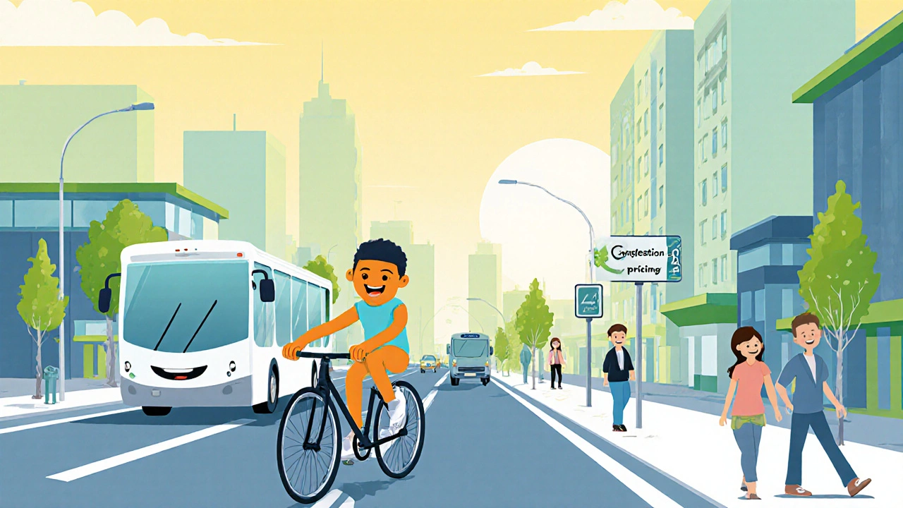 Cheerful cyclists, bus, and pedestrians on a sunny, low‑traffic urban street.