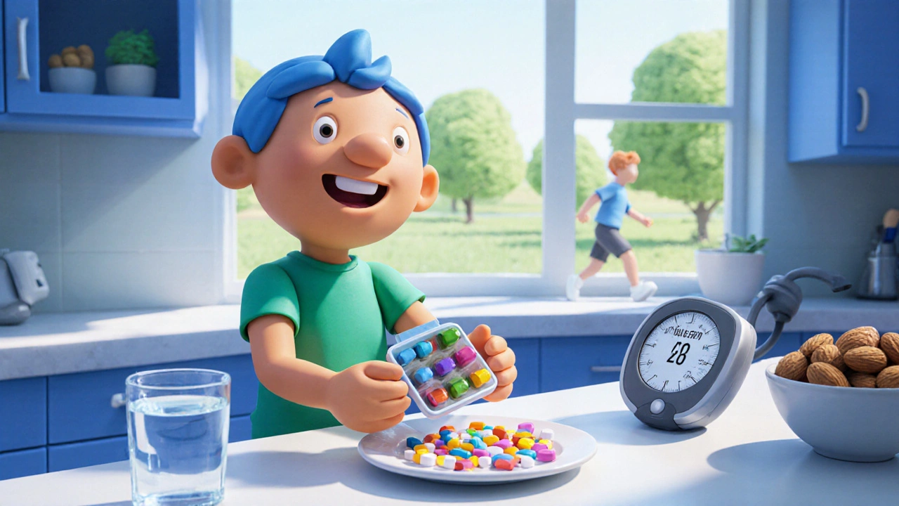 Clay adult handling pills and a blood pressure monitor beside water and almonds.