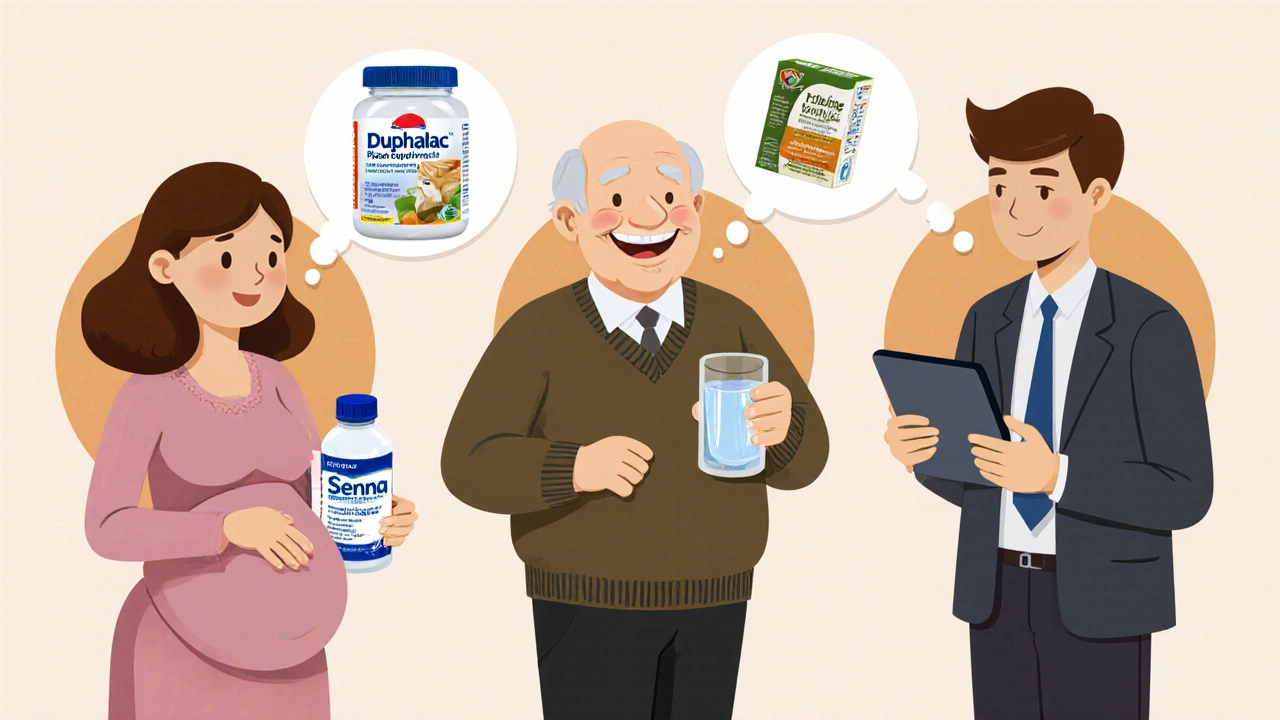 Clay cartoon of a pregnant woman, elderly man, and office worker choosing laxatives.