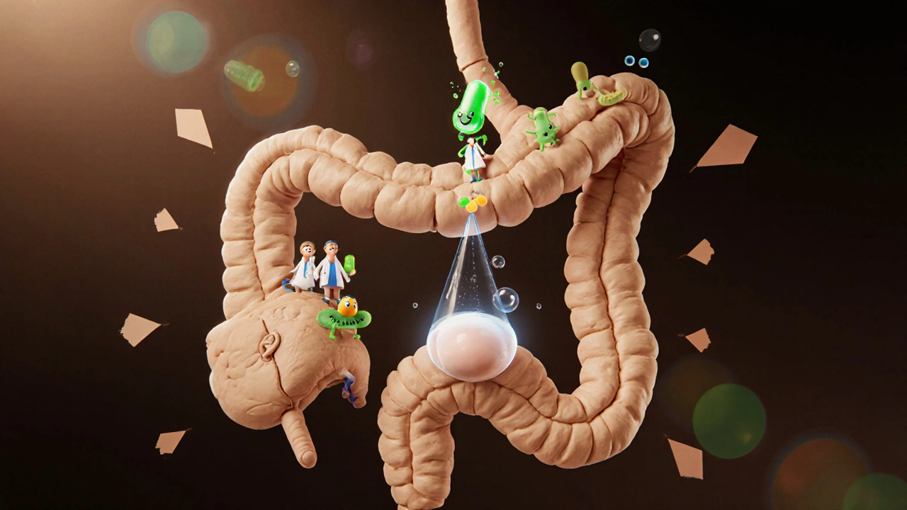 Clay cartoon showing colon, bacteria, and lactulose creating water influx.