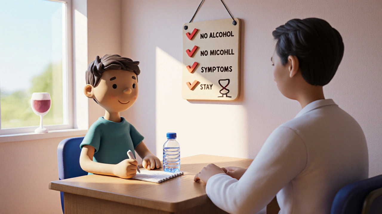 Clay clinic scene with doctor, patient, water bottle, and a crossed-out wine glass sign.