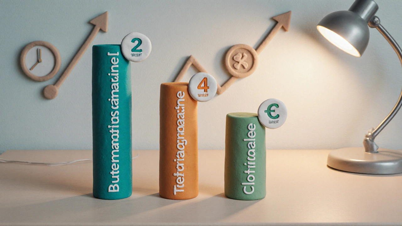 Clay comparison of three antifungal tubes with colored bars showing cure rates and treatment length.