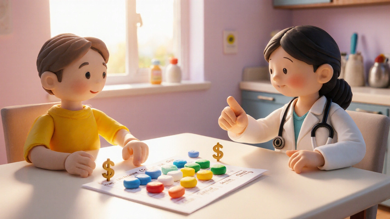 Clay doctor and patient reviewing a pill chart and cost symbols at a table.