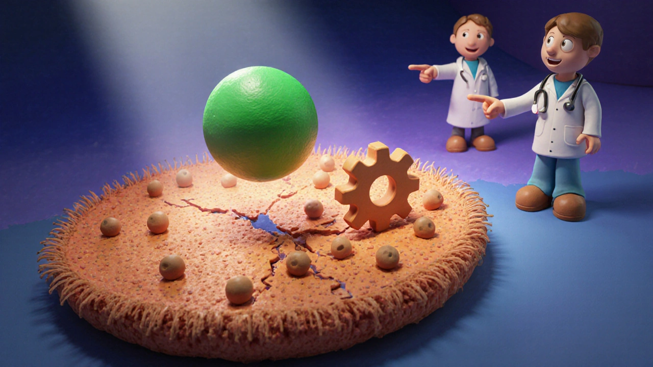 Clay illustration of a fungal cell membrane disrupted by a butenafine molecule.