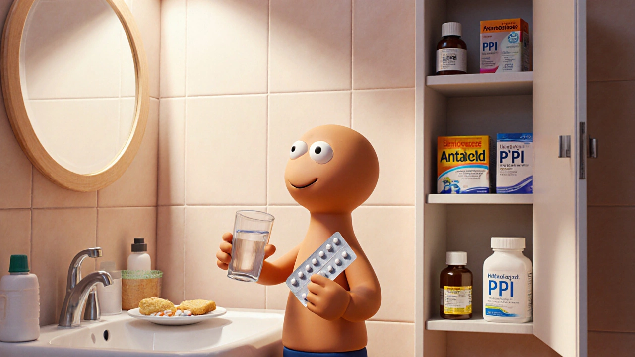 Clay person stands upright with water, snack, and OTC medication bottles nearby.
