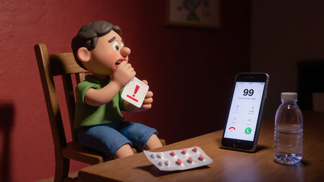 Clay person taking rescue medication, holding an emergency card, dialing emergency services.