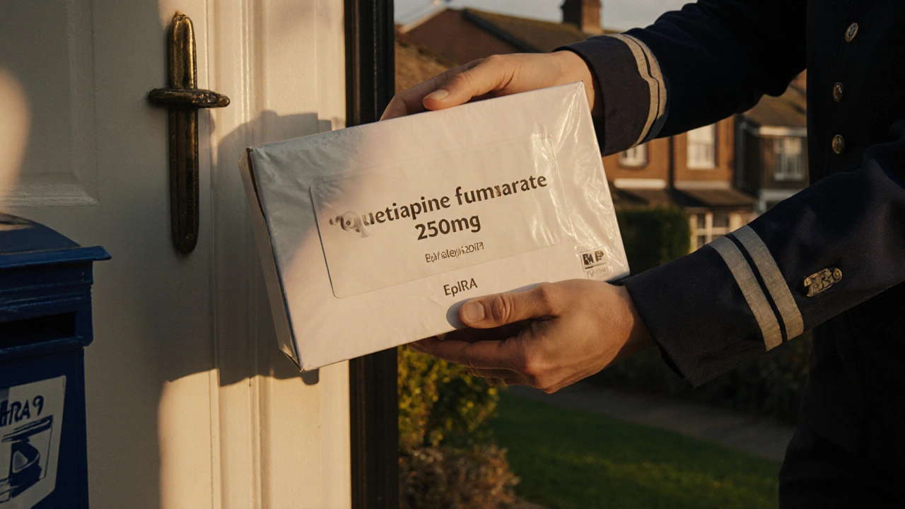 Courier delivering a sealed medication box labeled Quetiapine to a UK doorstep in golden hour light.