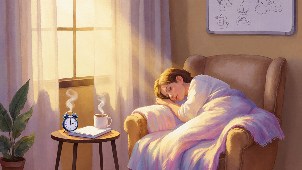 Cozy nap corner with coffee, sketchbook, and alarm clock, illustrating post‑nap creativity.