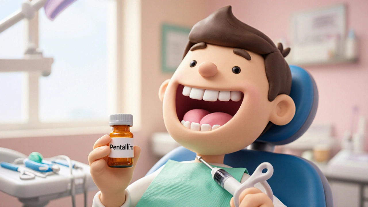 Dentist examining a patient’s healed mouth, with a penicillin vial and healthy gums.