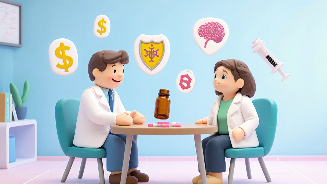 Doctor and patient discuss treatment, surrounded by floating icons for cost, safety, brain, and biologics.