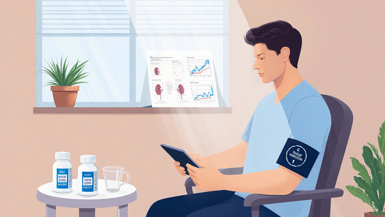 Doctor and patient discussing kidney health with blood pressure cuff, urine sample, and medication bottles.