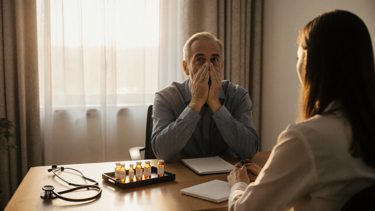 Doctor and patient discussing medication options in a warmly lit consultation room.