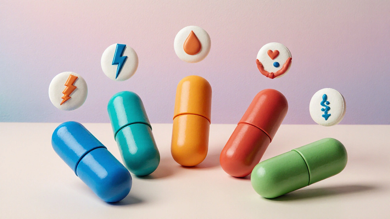 Five colorful clay pills with icons representing different heart medications.