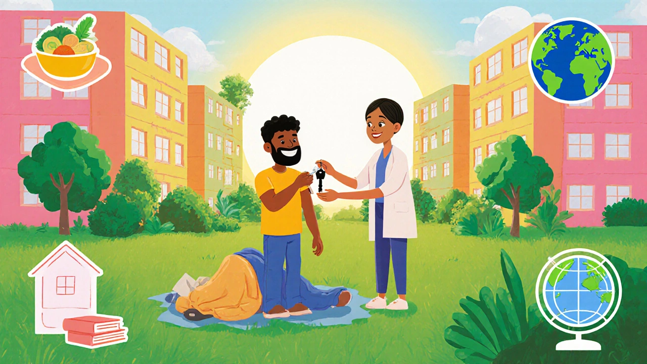 Former homeless person receiving medication and house keys in a sunny housing complex.