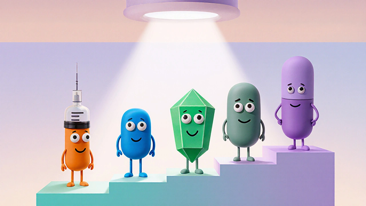 Four clay figures representing different medications stand on a stepped platform showing side‑effect levels.