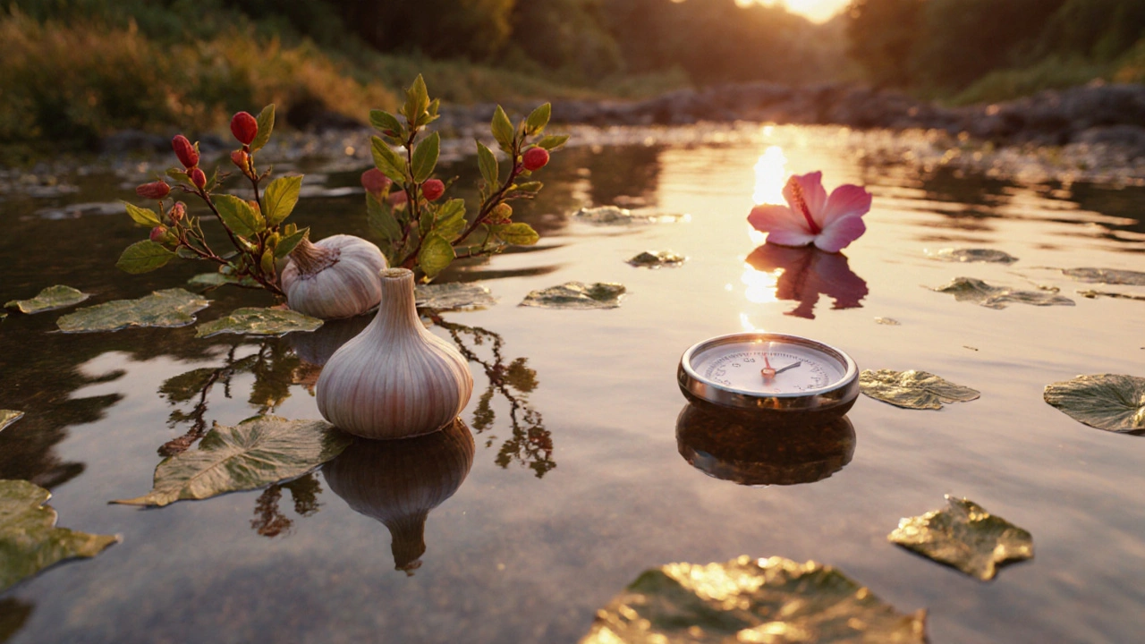 Gentle clay herbs—hawthorn, garlic, hibiscus—floating above water, lowering a blood pressure gauge.