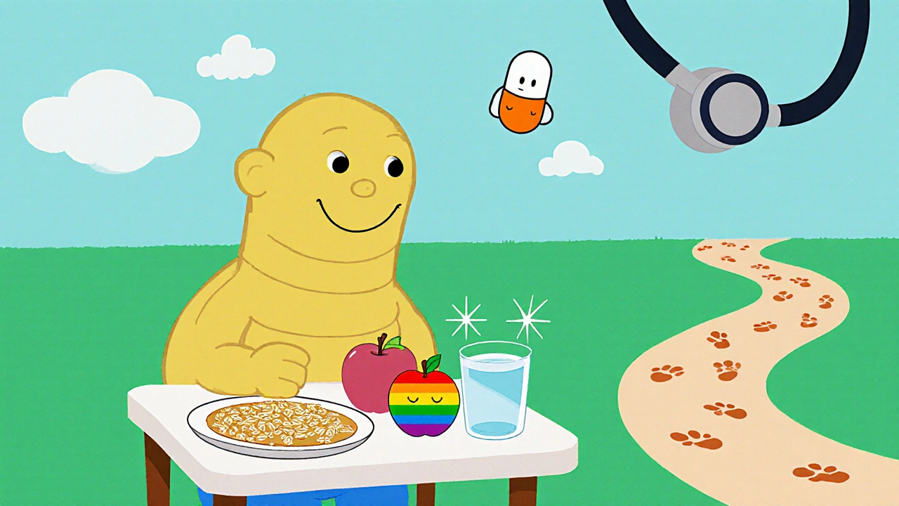 Happy character practicing gut‑friendly habits: fiber foods, water, probiotics, walking, and medical care.