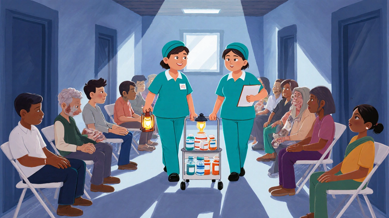 Health workers with a mobile clinic checking shelter residents with visible lesions.