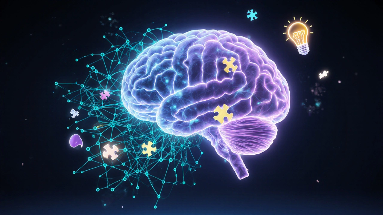 Illustrated brain with glowing networks showing ideas flowing as prefrontal control eases.
