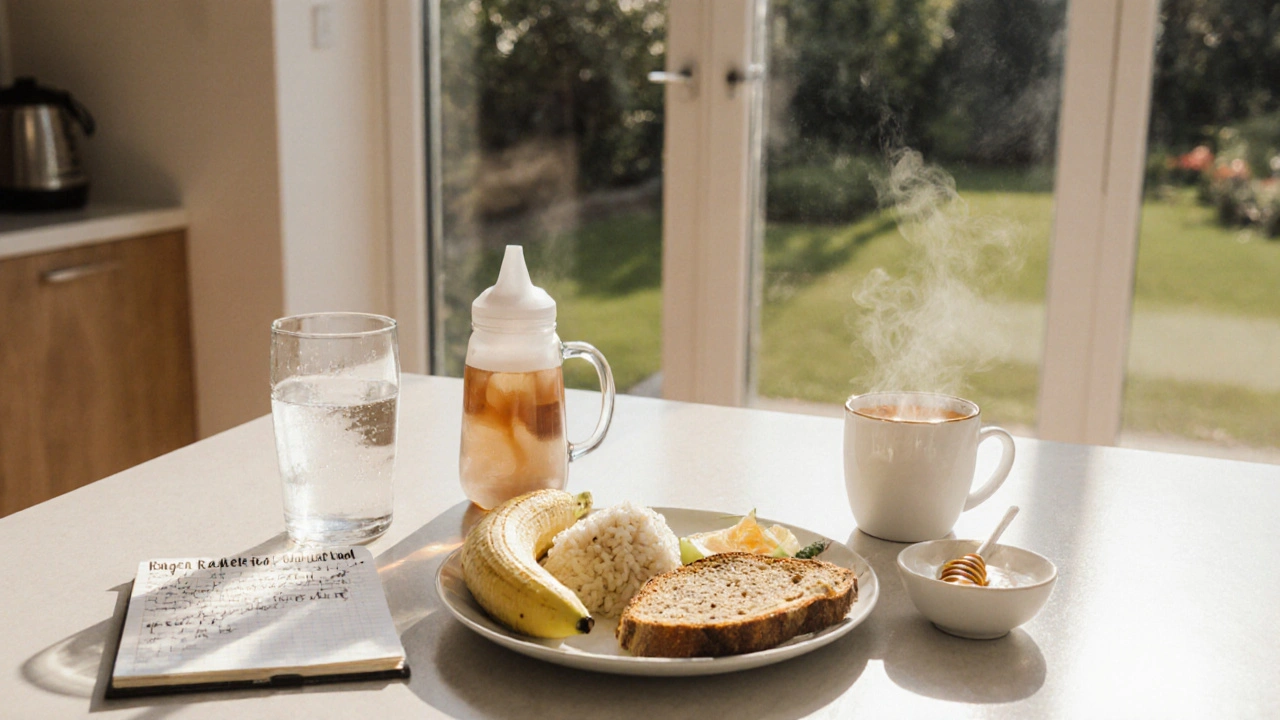 Kitchen counter with water, ORS, ginger tea, and BRAT diet foods beside probiotic yogurt.