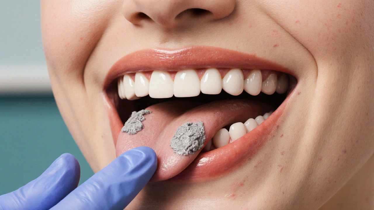 Mouth showing gray‑white patches, wart‑like growths, and red swollen gums being examined.