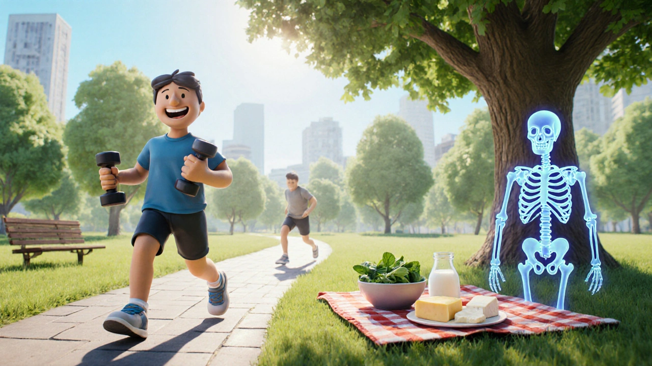 Person exercising outdoors with calcium‑rich foods and a subtle bone overlay.