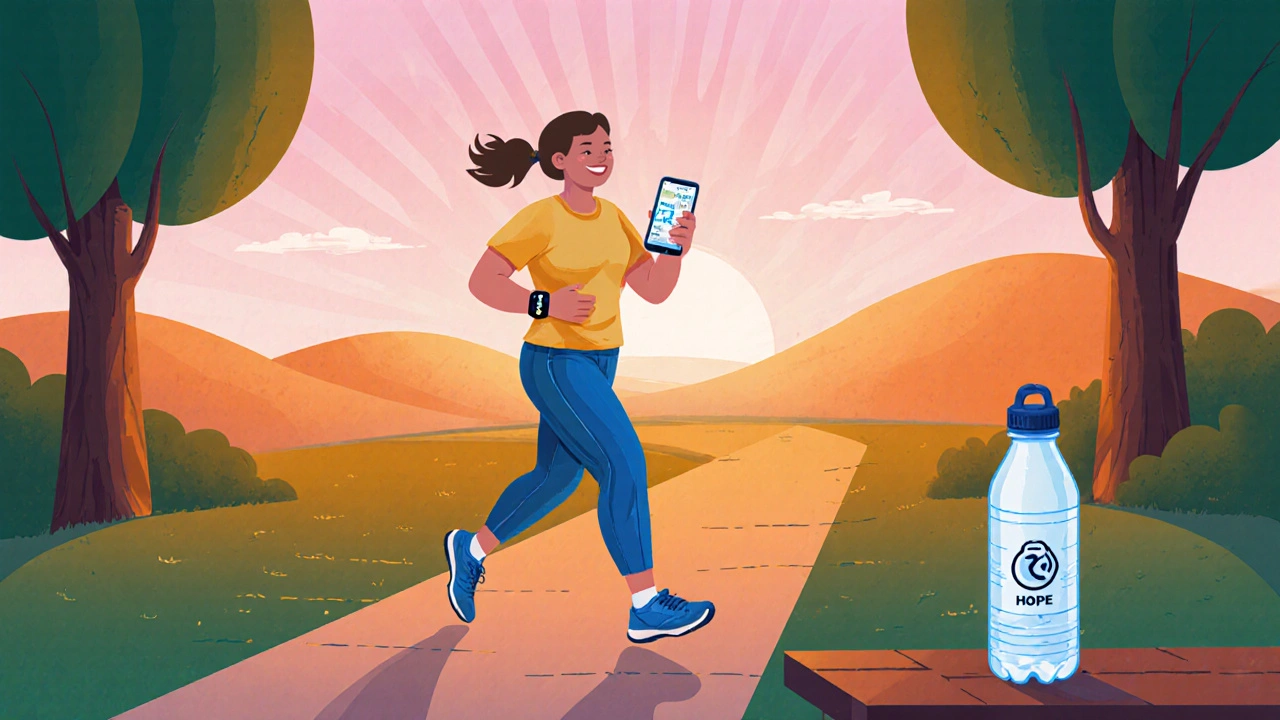 Person jogging outdoors using a health app, representing proactive kidney care.