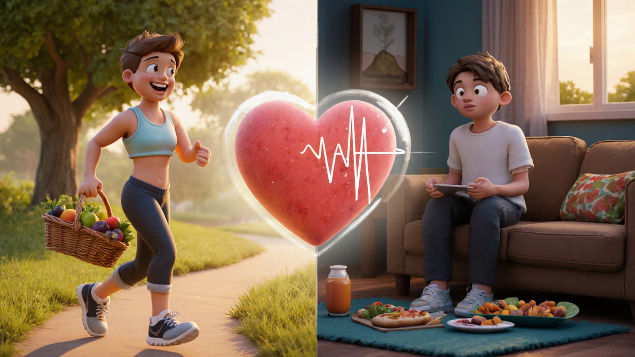Person walking in a park with healthy food, contrasting with earlier sedentary behavior, symbolizing heart health improvement.