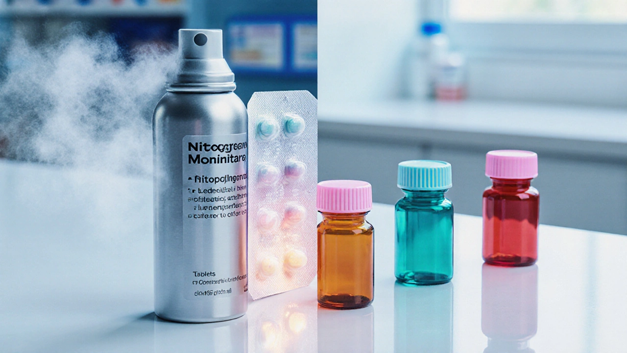 Pharmacy scene displaying Nitroglycerin spray, Isosorbide Mononitrate tablets, and other heart meds.