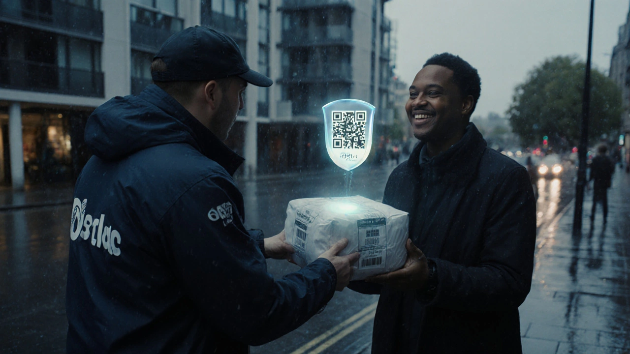Rainy London street scene with courier delivering a sealed amoxicillin parcel with digital badge.