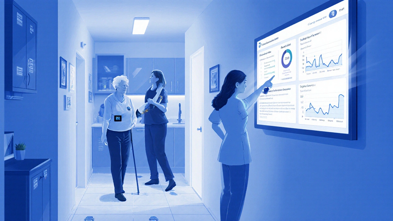 Smart home with motion‑sensor lights, wearable tracker, therapist reviewing digital therapy dashboard with family.