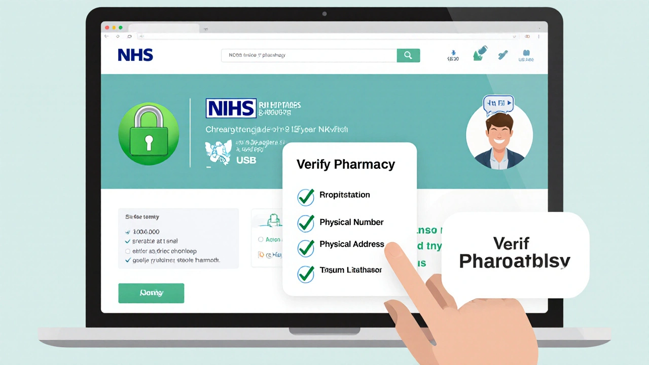 Tablet screen showing NHS and MHRA icons, padlock, and a pharmacist avatar as part of a pharmacy verification checklist.