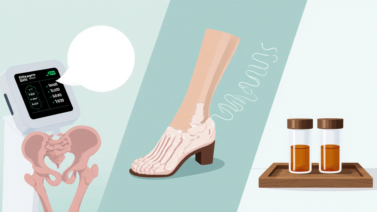 Three clay screening tools: DEXA machine, heel ultrasound, and blood test tubes.