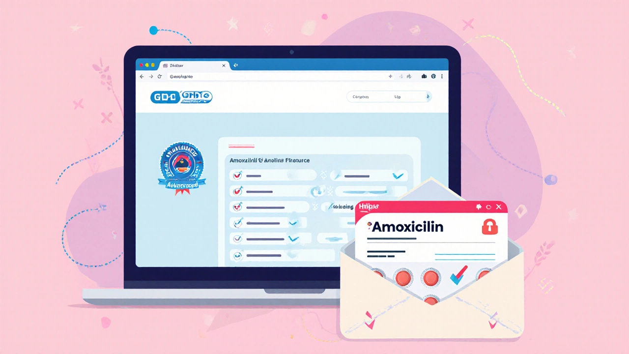Vector illustration of laptop showing a UK pharmacy site with safety badges and medication pack.