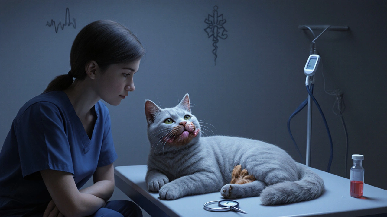 A cat with brown gums and swollen paws lies on a vet table as its owner watches anxiously.