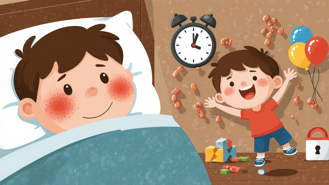 A child transforms from sick to healthy after taking amoxicillin-clavulanate, with collapsing bacteria showing recovery.