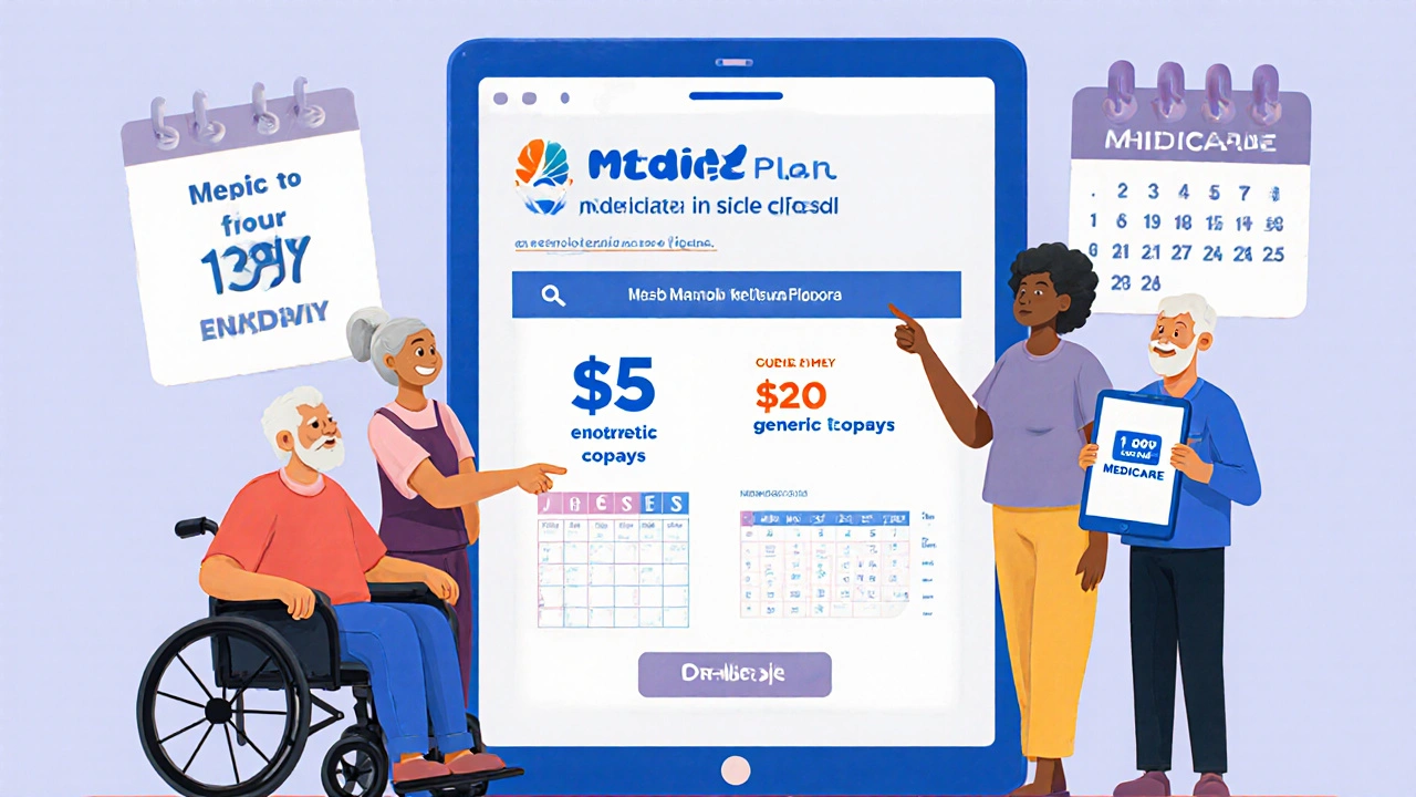A group of seniors using a tablet to compare Medicare drug plans, with icons of rebates and helpline info nearby.