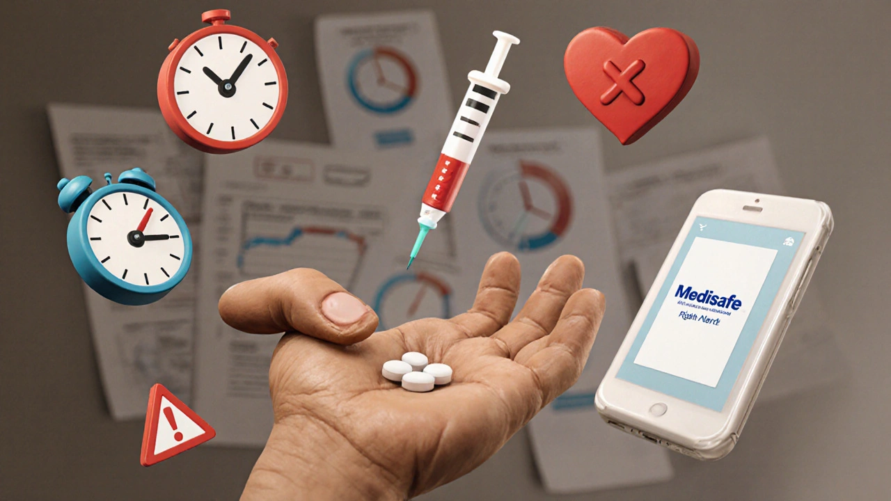 A hand holding a pill with floating icons representing medication safety rights.