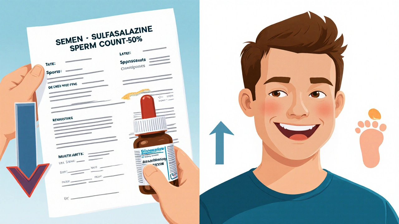 A man holding a sperm analysis report, with before-and-after visuals showing improved sperm count.