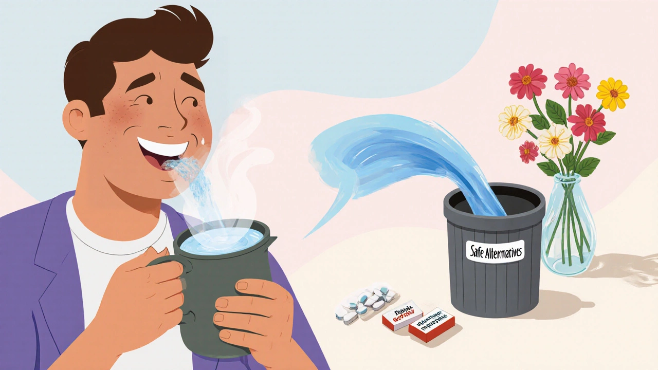 A man safely using a neti pot with steam rising, while dangerous pills are thrown away beside healthy symbols.