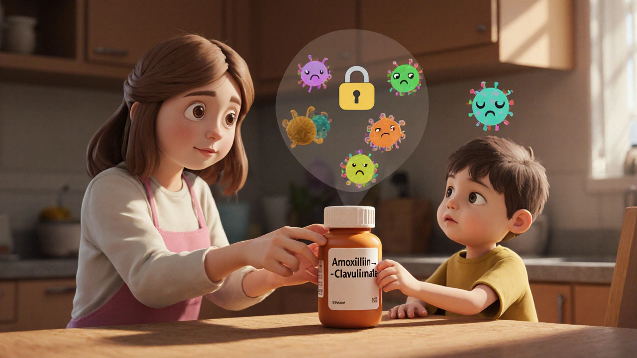 A mother gives her child a clay medicine bottle as bacteria shrink back, symbolizing effective treatment.